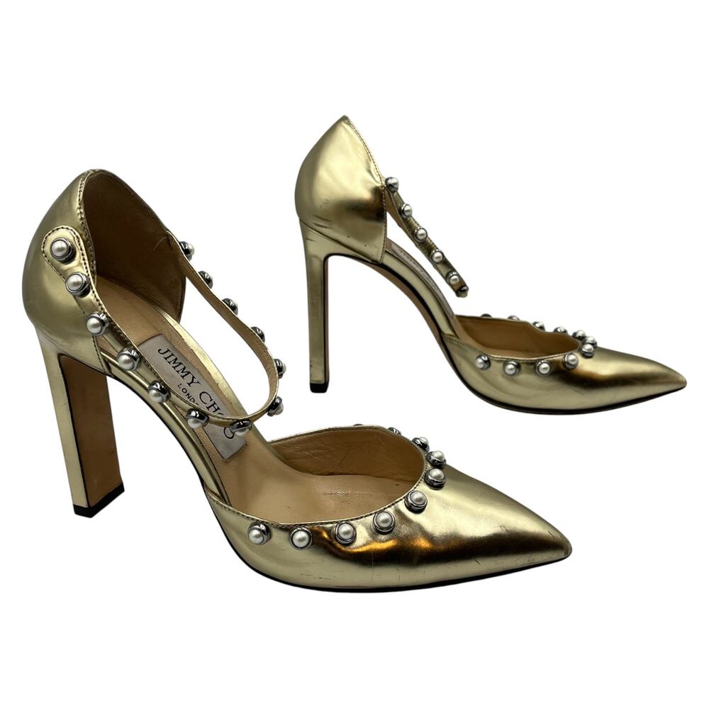 Jimmy Choo Leema 100 Faux Pearl Accents D'Orsay Pumps Metallic Gold Size 36 / 6